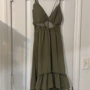 Olive Green Lace Trim Dress